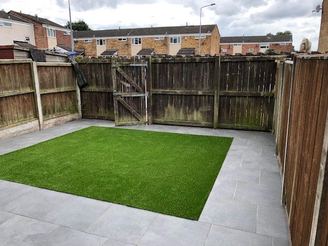 Garden Makeover - Fitted porcelain tiles & artifical grass